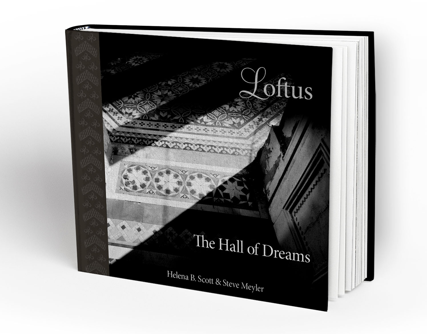 An isometric 3D render of the hardcover book "Loftus: The Hall of Dreams" by Helena B. Scott & Steve Meyler, its black cover featuring a monochrome tiled-floor photograph and a chevron-patterned charcoal spine band.
