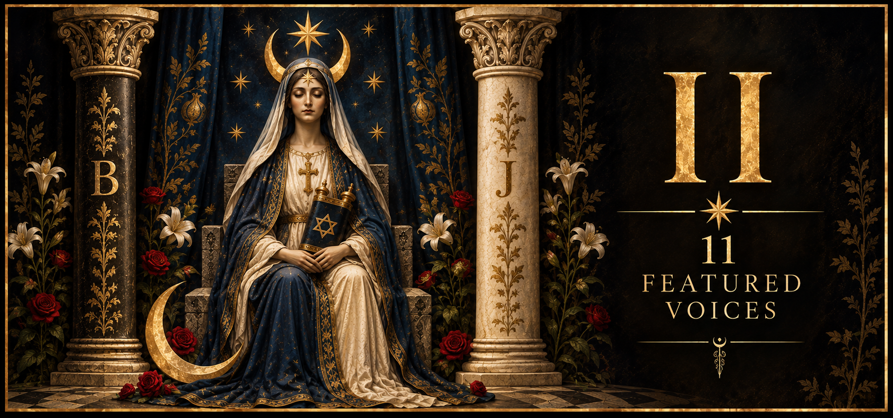 High Priestess between the pillars with II, 11 and Featured Voices