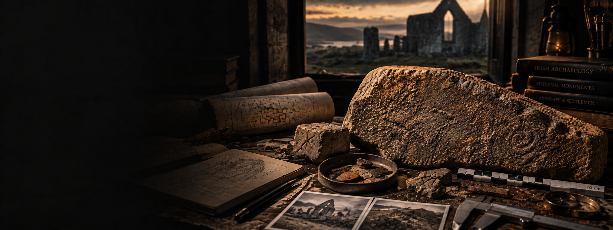 An archaeologist’s desk with small finds, field notes, site maps and instruments overlooking abbey ruins at dusk.