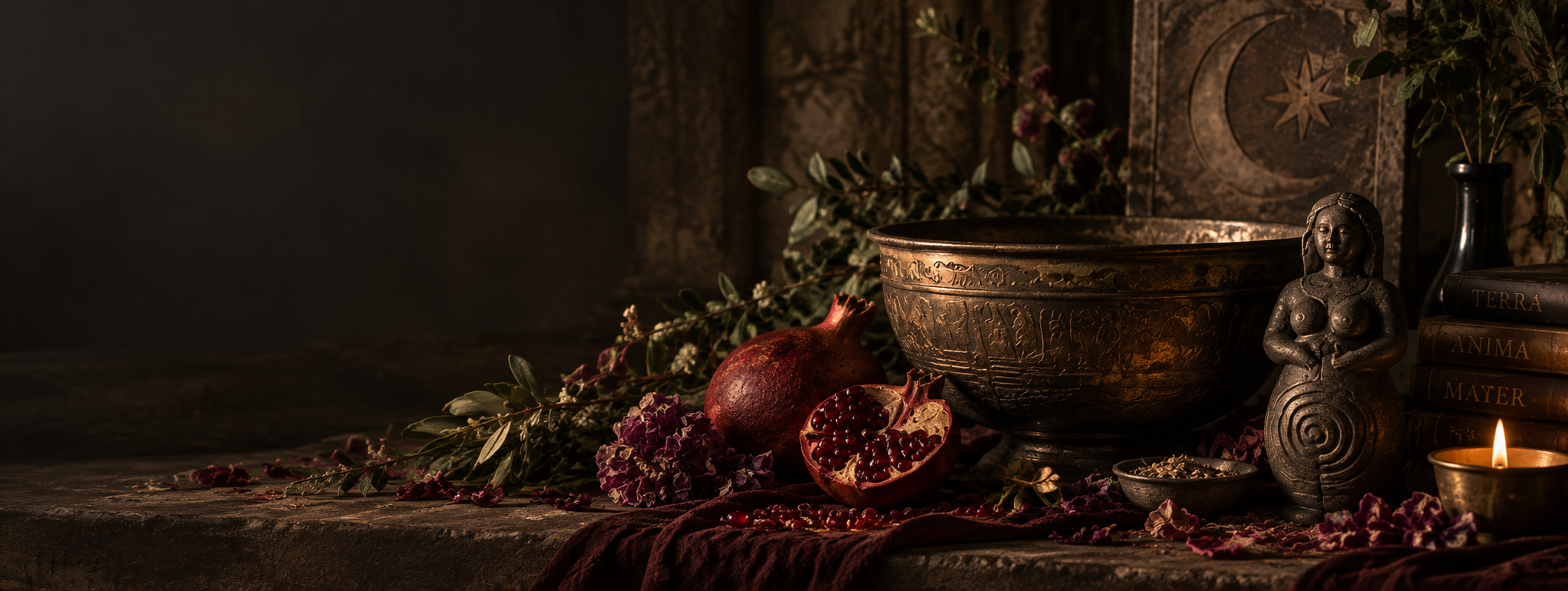 Dark Mother Institute launch artwork: a mother statuette beneath an eight-pointed star, with a ritual bowl, pomegranate and candle.