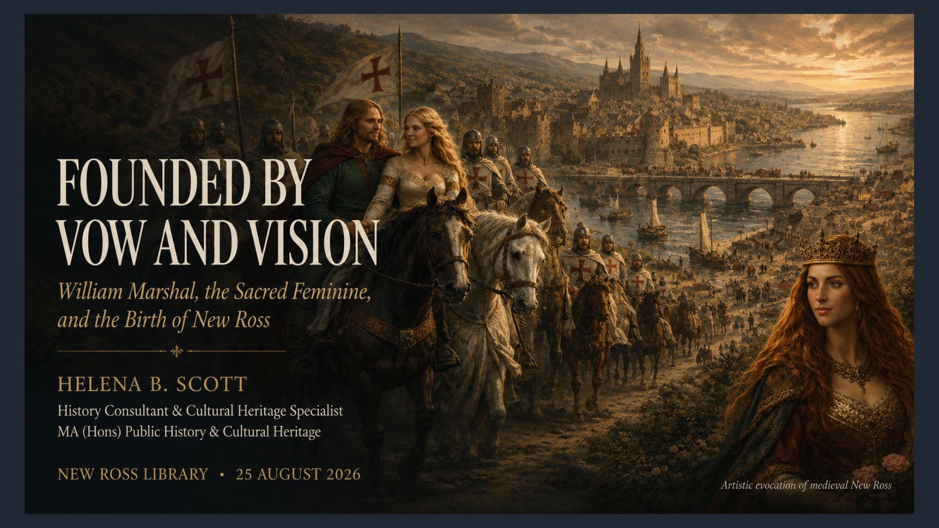 A navy-bordered lecture slide for "Founded by Vow and Vision — William Marshal, the Sacred Feminine, and the Birth of New Ross" by Helena B. Scott, History Consultant & Cultural Heritage Specialist: a medieval procession of armoured knights on horseback carrying red-cross banners approaching a riverbank stone city at sunset, with a crowned red-haired woman in medieval dress prominent in the lower right.