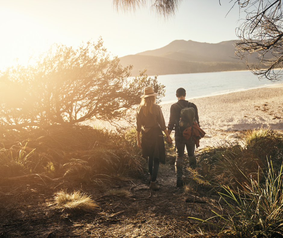 Researchers walking through a coastal landscape at golden hour