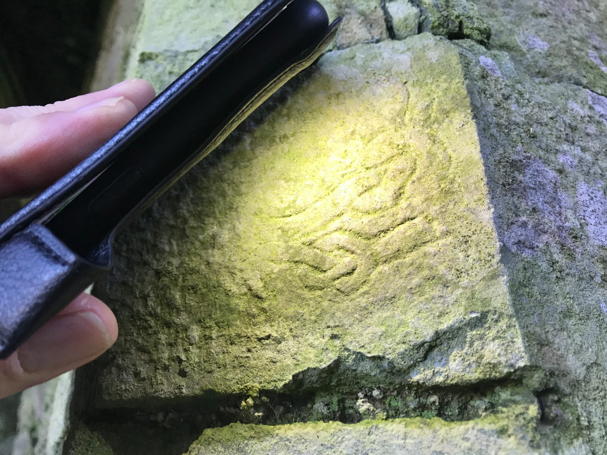 Historic carved mark at Kilcooley Abbey illuminated during field observation