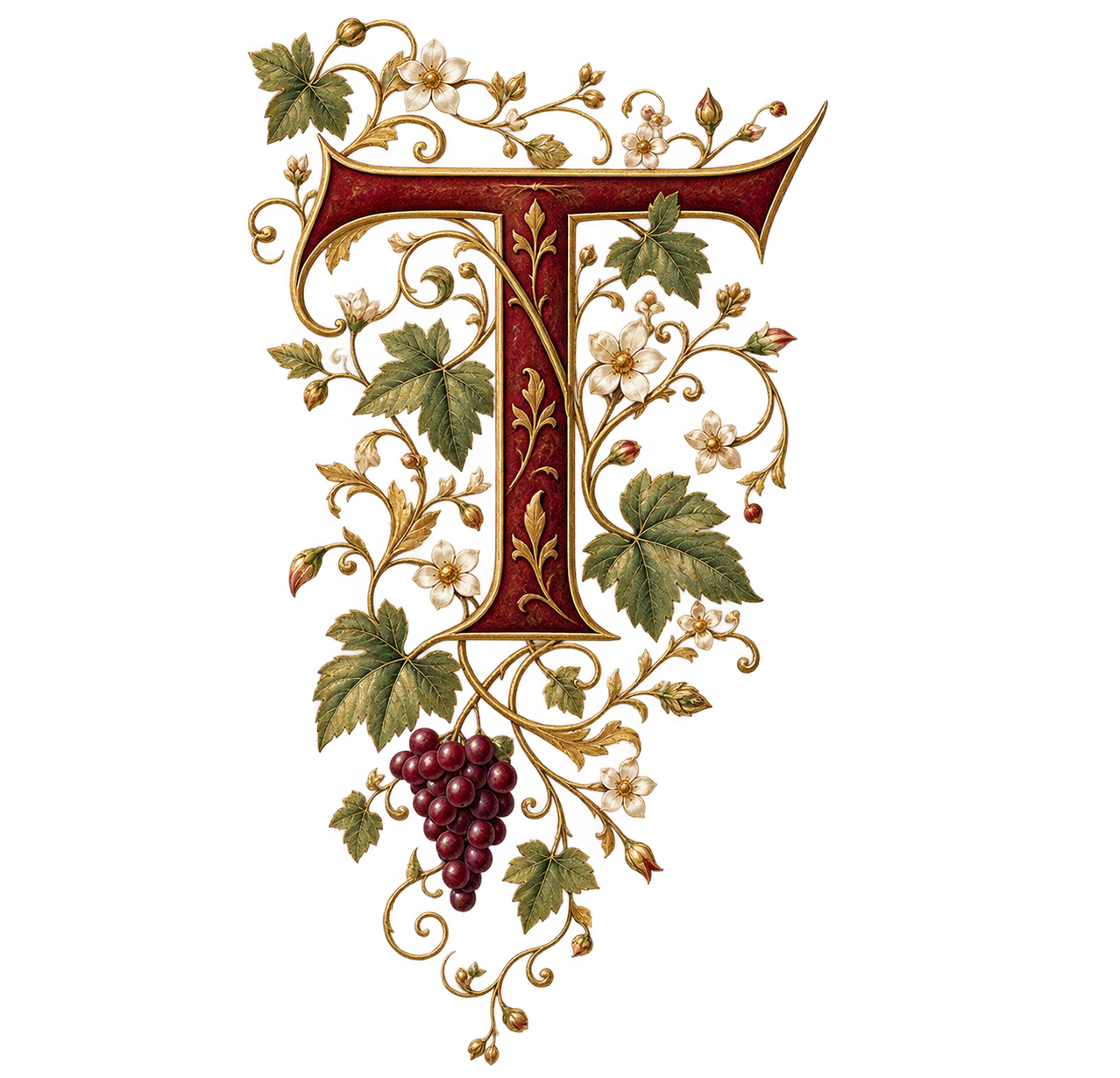 Illuminated capital T entwined with golden vines, green vine leaves, white flowers and a burgundy grape cluster