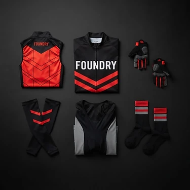 The full Foundry Collection — jersey, bibs, vest, arm warmers, gloves and socks