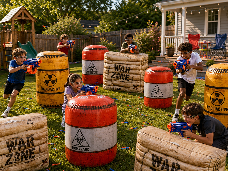 Kids playing a foam blaster battle at a backyard birthday party
