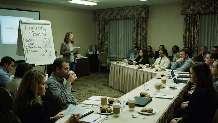 A tired hotel conference room with floral drapes, fluorescent lighting, muffins and coffee at every seat