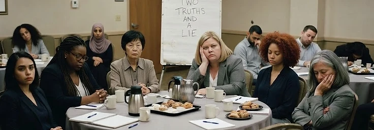 Executives enduring a forced icebreaker in a drab hotel conference room