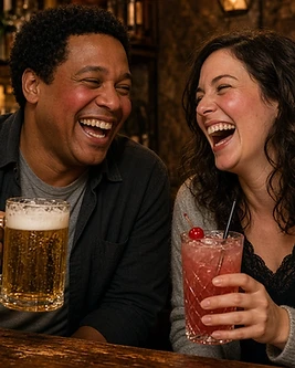 Friends laughing at a bar