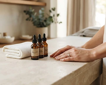 Massage oils and towels arranged with care