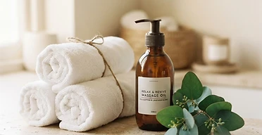 Massage oils and towels arranged on a stone surface