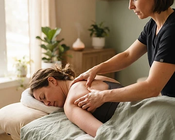 Sports massage treatment on the upper back and shoulders