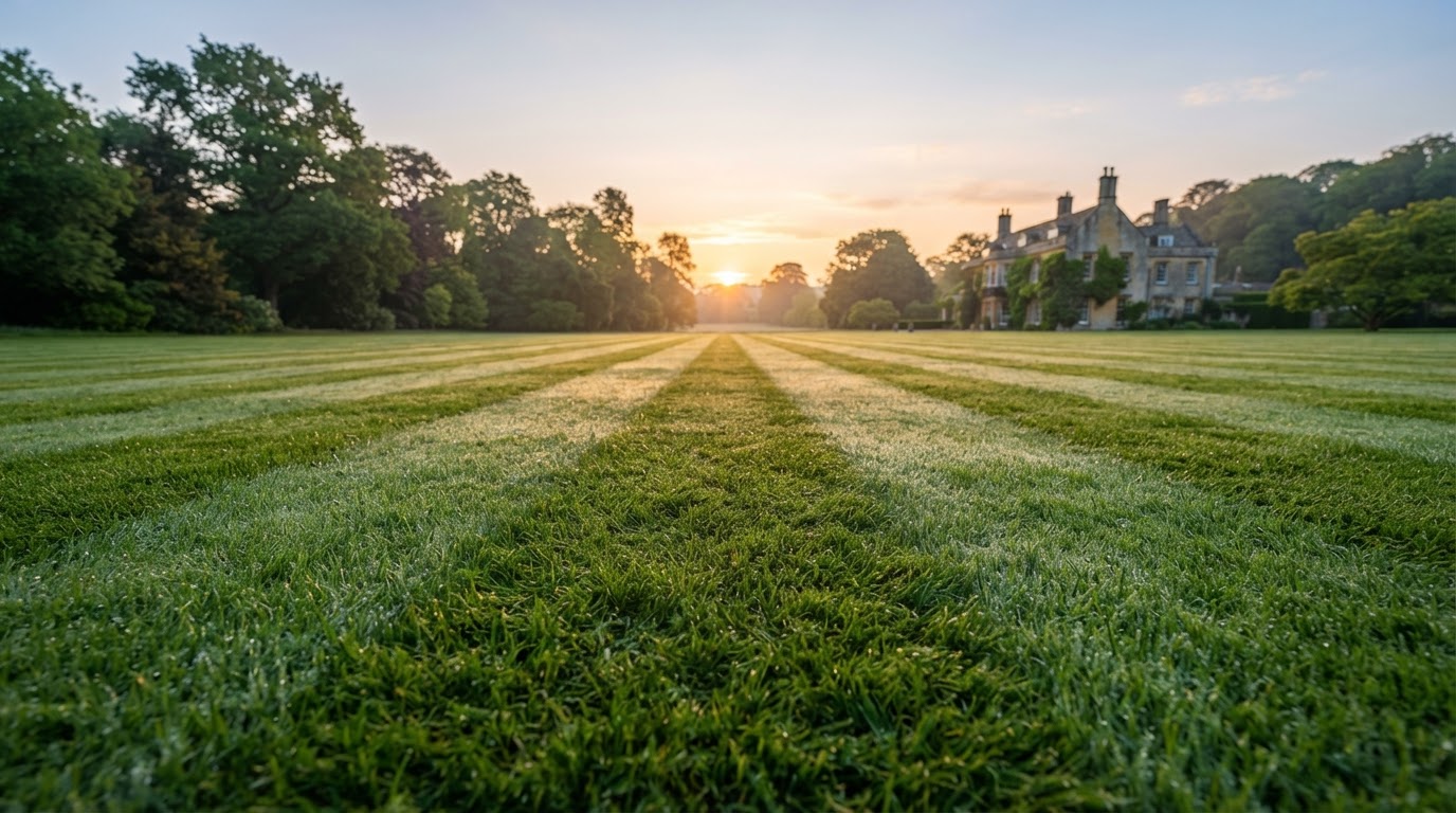 Perfectly manicured lawn with mowing stripes at sunrise — local lawn care company