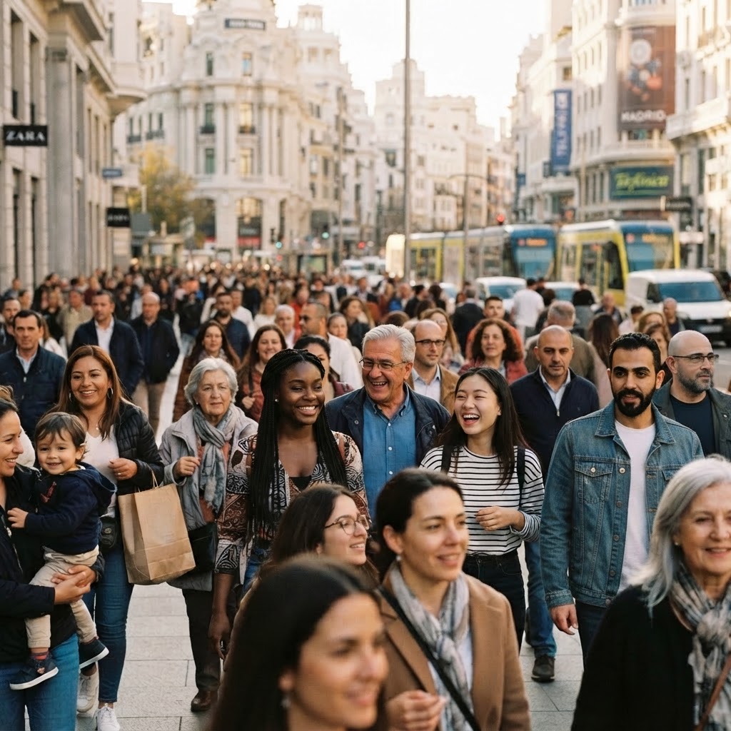 Personas caminando por la Gran Vía de Madrid