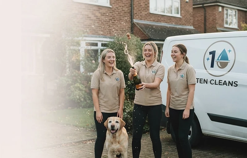 The 10 Ten Cleans team toasting a fresh, spotless home with their dog and company van