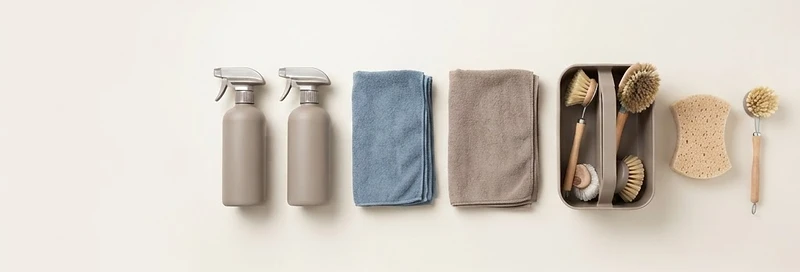 Professional cleaning supplies arranged in a horizontal band