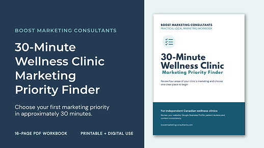 30-Minute Wellness Clinic Marketing Priority Finder — 16-page printable PDF workbook from Boost Marketing Consultants