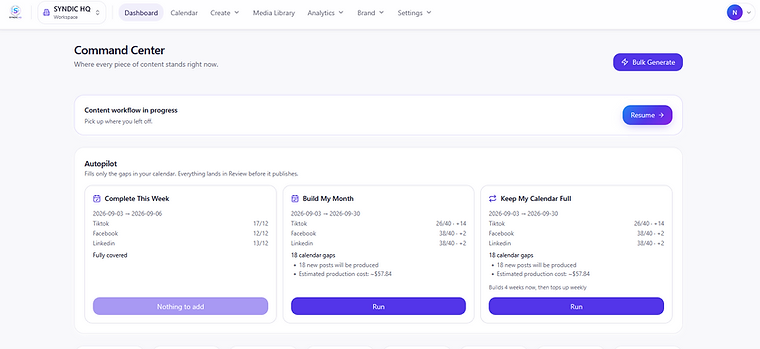 SYNDIC HQ Command Center showing Autopilot with Complete This Week, Build My Month and Keep My Calendar Full.