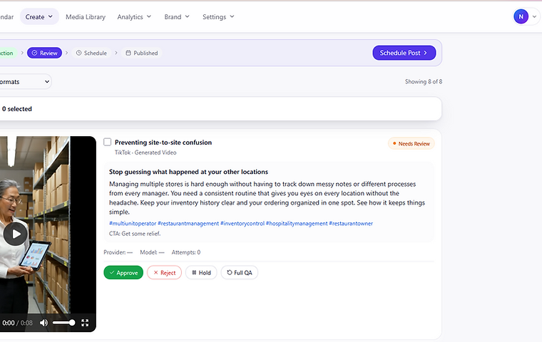The Review workflow showing a produced video, its caption, and Approve, Reject, Hold and Full QA controls.