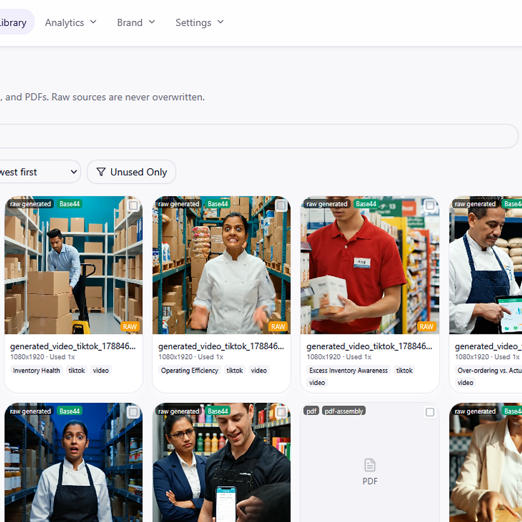 The SYNDIC HQ Media Library: a grid of produced videos with dimensions, usage and theme.