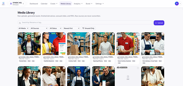 The SYNDIC HQ Media Library: a grid of produced videos with dimensions, usage and theme.
