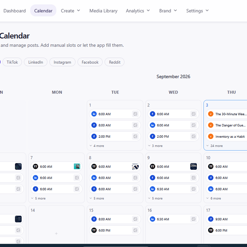 The SYNDIC HQ Content Calendar month view filled with scheduled posts across platforms.
