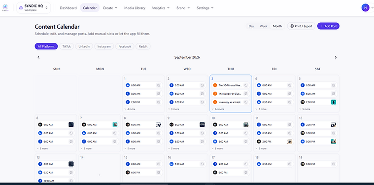 The SYNDIC HQ Content Calendar month view filled with scheduled posts across platforms.