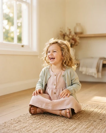 Niño sonriendo con ropa de lino pastel