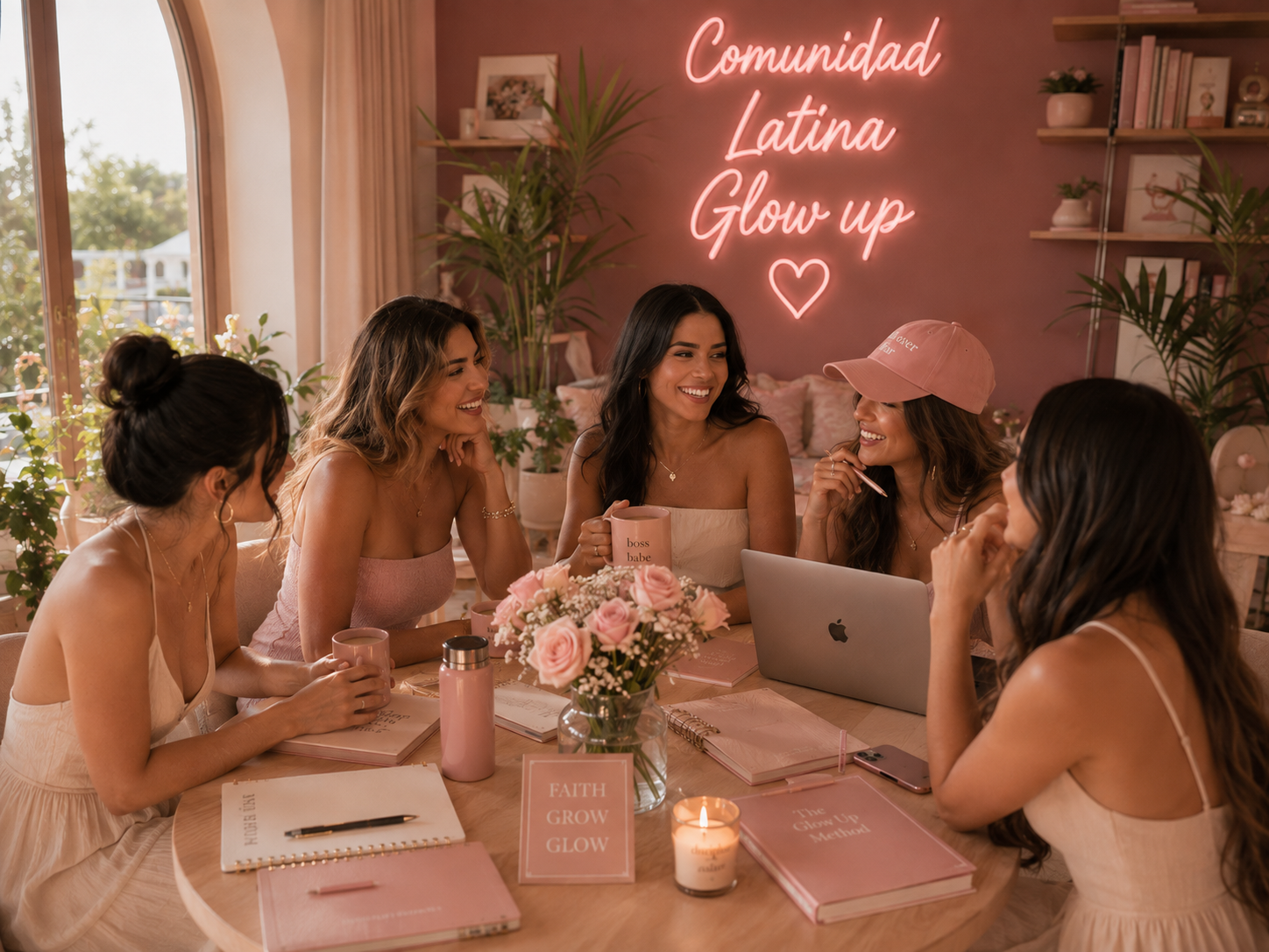 Comunidad Latina Glow Up reunida alrededor de una mesa