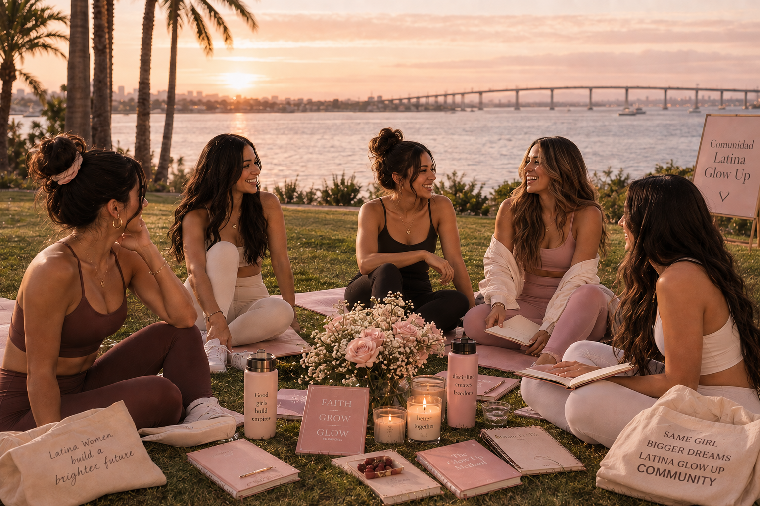 Comunidad Latina Glow Up en un picnic frente al lago