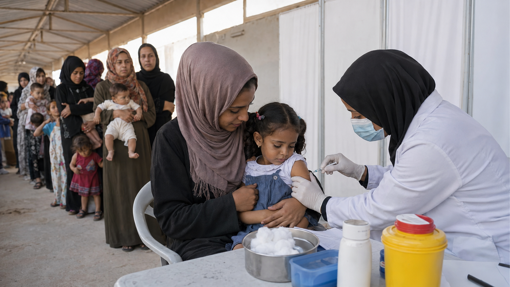 A healthcare worker administers a vaccination in a humanitarian field clinic