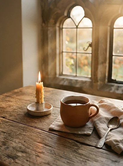 A lit candle beside a cup of tea in warm window light