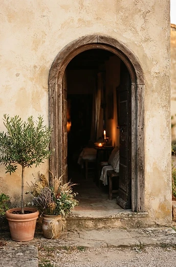 An open arched doorway glowing with warm light