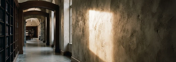 A single beam of light on a textured plaster wall in a quiet corridor
