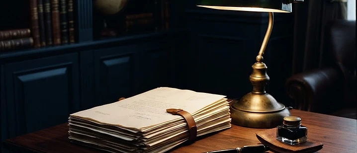 A dark desk with confidential documents under warm lamplight
