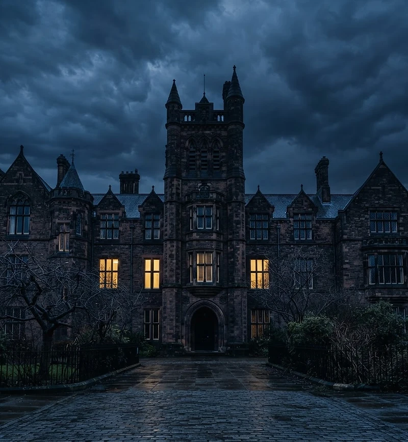 Victorian institutional building at dusk