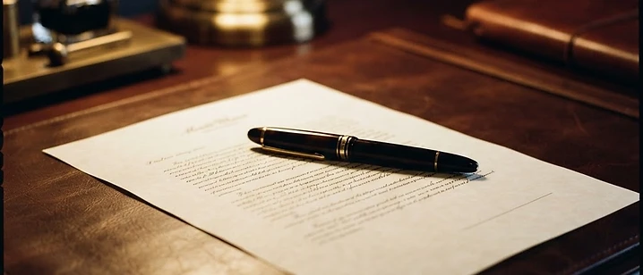 A fountain pen resting on a formal letter on a dark desk