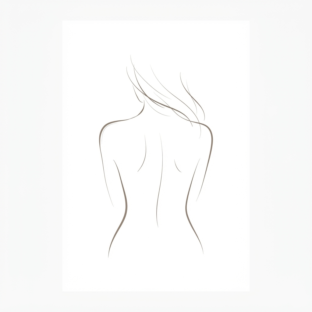 Fine line-art fashion sketch of an elegant woman embodying competence with quiet, contained hidden weight.