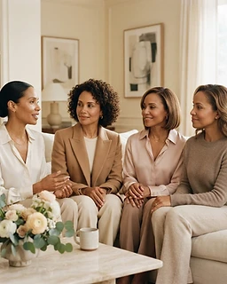 Four polished Black women in elegant neutral-toned wardrobe gathered in an intimate upscale interior, sharing a warm natural moment of connection rather than looking at the camera.