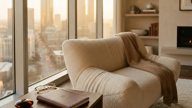 A refined contemporary interior still life: a camel sculptural lounge chair beside a walnut side table holding a closed leather notebook, pen, and reading glasses, large windows with soft city skyline light, warm cream and chocolate tones.