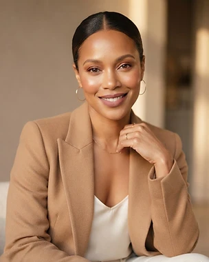 A poised Black woman with caramel skin in a tailored camel blazer over an ivory camisole, sleek low chignon, warm composed expression, against a soft taupe backdrop in golden-hour light.