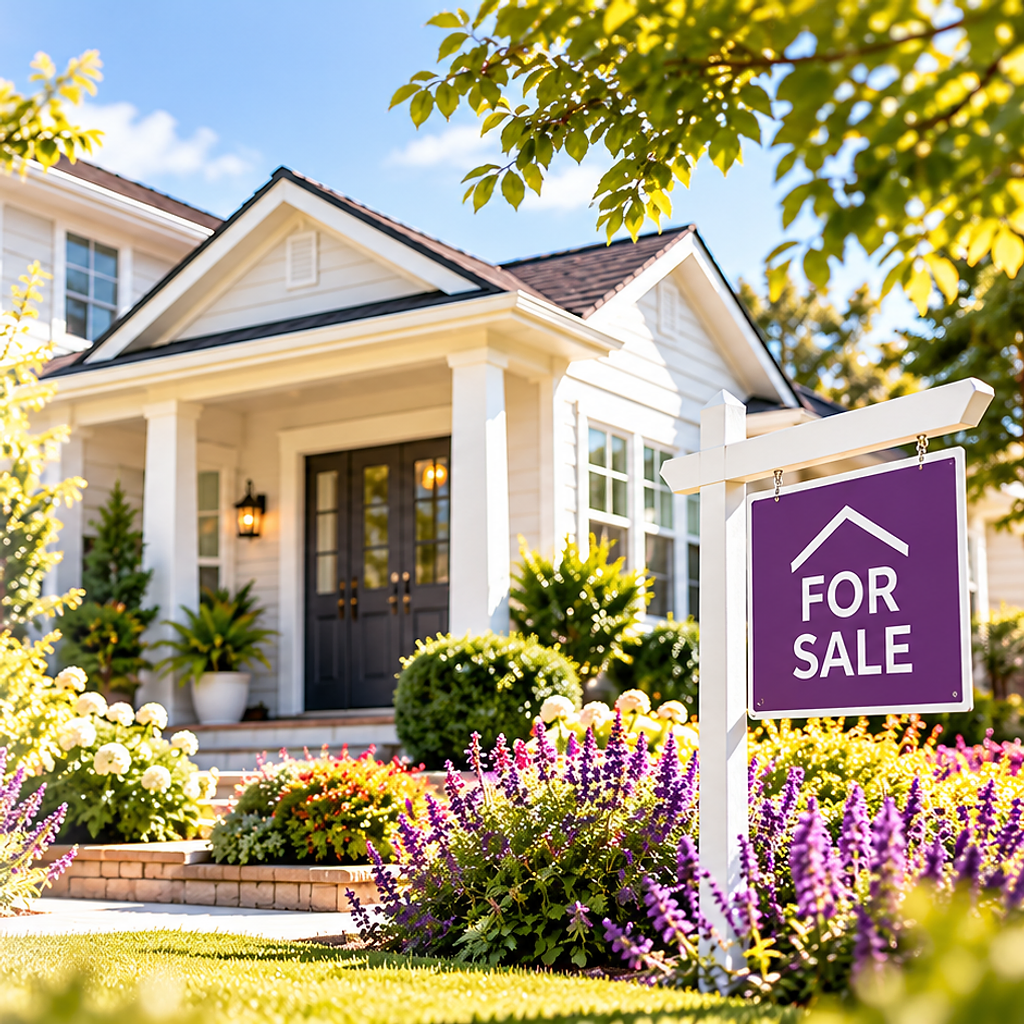 A white home with a porch and a purple FOR SALE sign in the garden