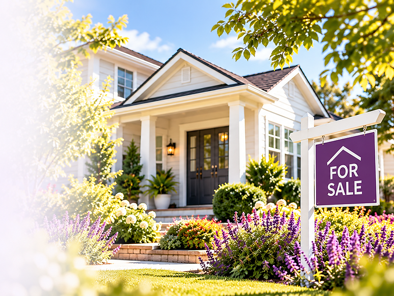 A white home with a porch and a purple FOR SALE sign in the garden