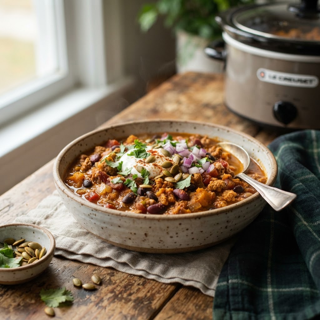 Slow Cooker Pumpkin Turkey Chili