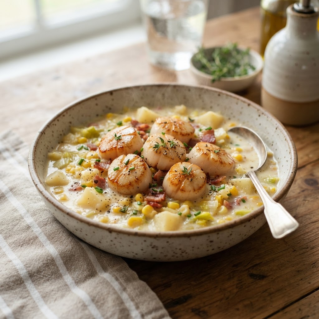 Scallop Corn Chowder with Leeks