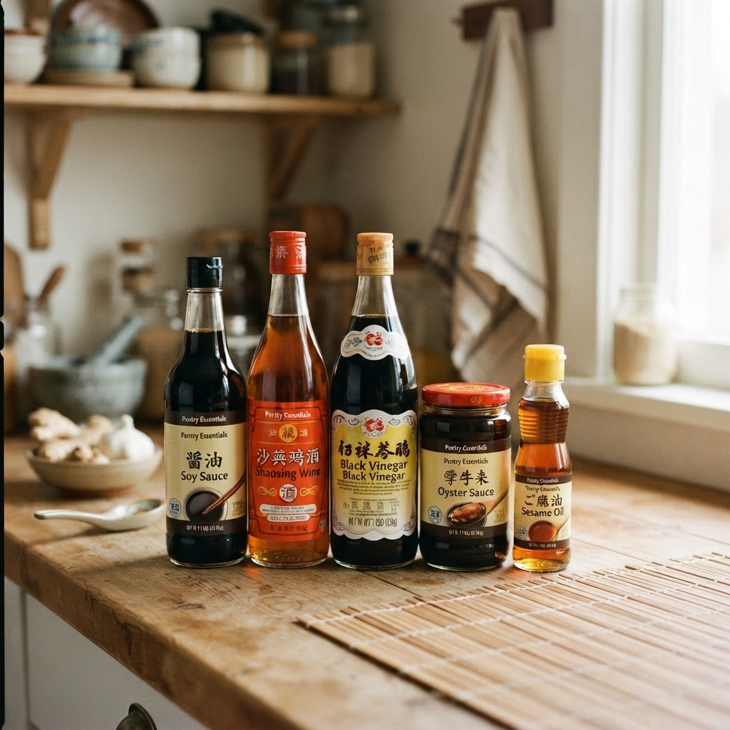 Chinese Pantry Essentials: Soy Sauces, Shaoxing Wine, Black Vinegar, Oyster Sauce, and Sesame Oil