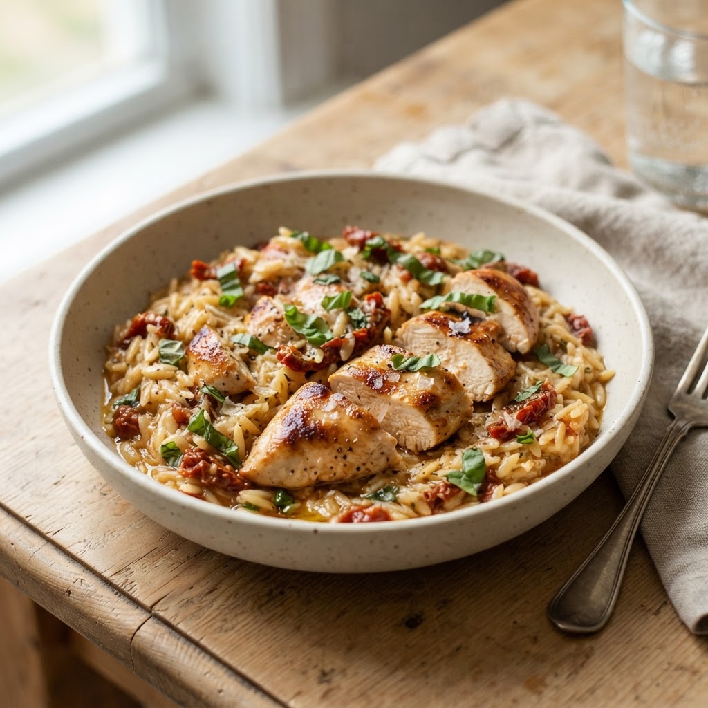 Sun-Dried Tomato and Basil Orzo with Pan-Seared Chicken