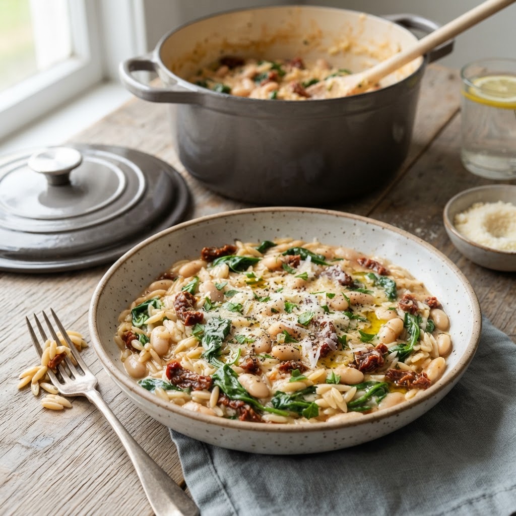 One-Pot White Bean Spinach Sun-Dried Tomato Orzo