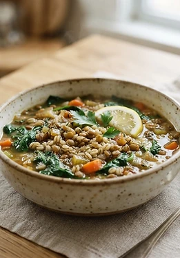 Mediterranean Lentil and Barley Soup with Lemon