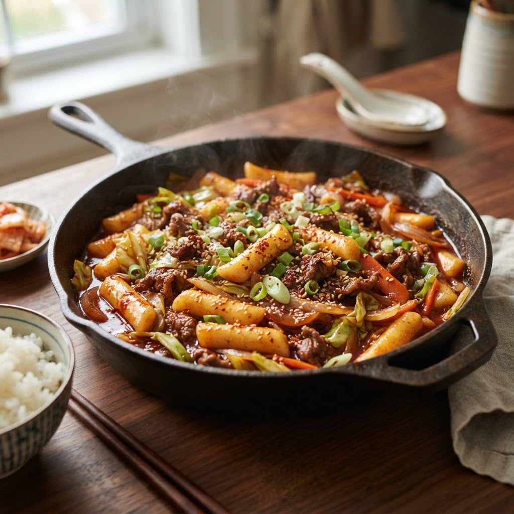 Korean Beef Rice Cakes with Cabbage
